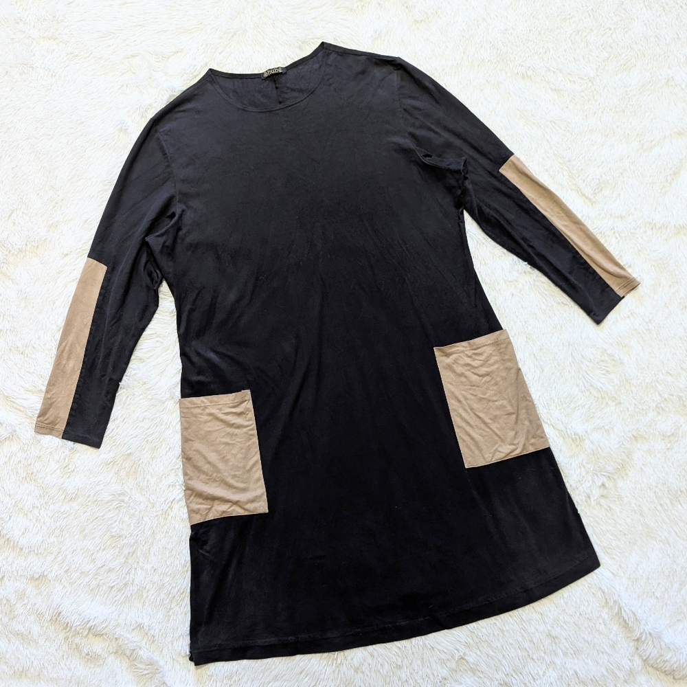 Y2K Vintage Suede Black & Tan Elbow Patch Front Pocket Colorblock Dress - Picture 1 of 9